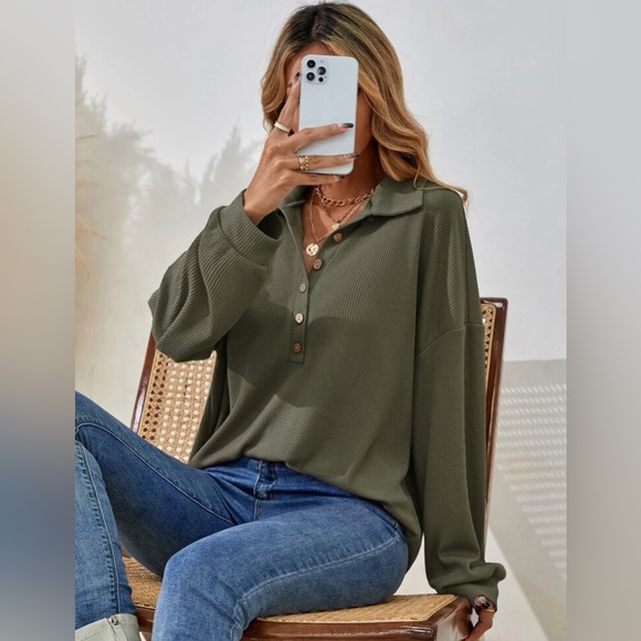 Half Button Army Green Long sleeve - Picture 6 of 7